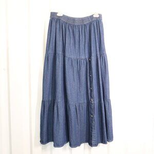 Vintage Crazy Cowgirl Women's Denim Tiered Full Maxi Skirt Concho Buttons Sz Lg